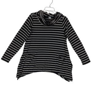 Venus Tunic Blouse Black and Beige Striped Size Small Cowl Neck Long Sleeve